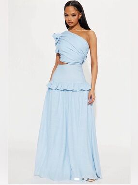 Light Blue One-Shoulder Maxi Dress